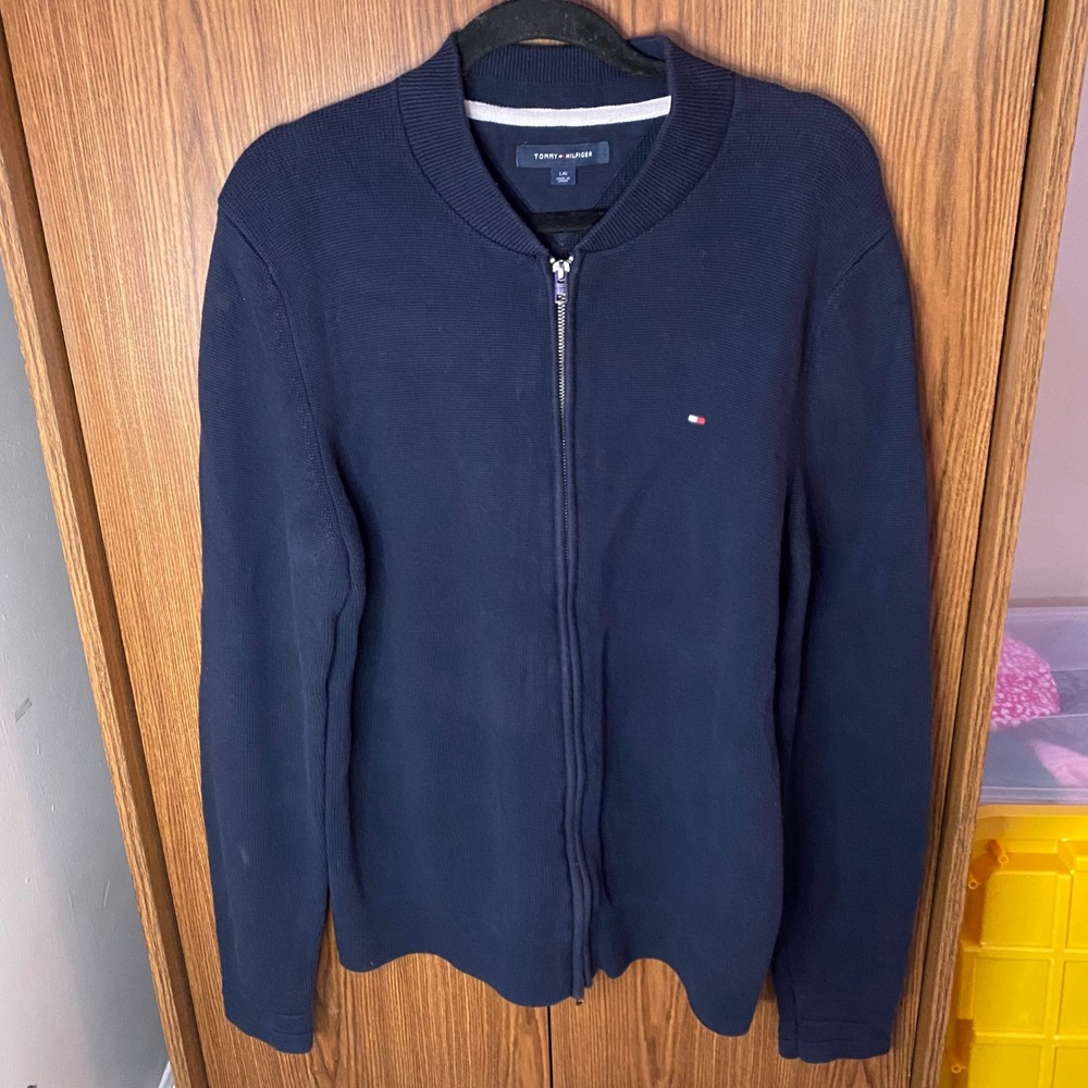 Tommy Hilfiger Full Zip Sweater Mens Large Navy Blue Cotton Textured Cardigan